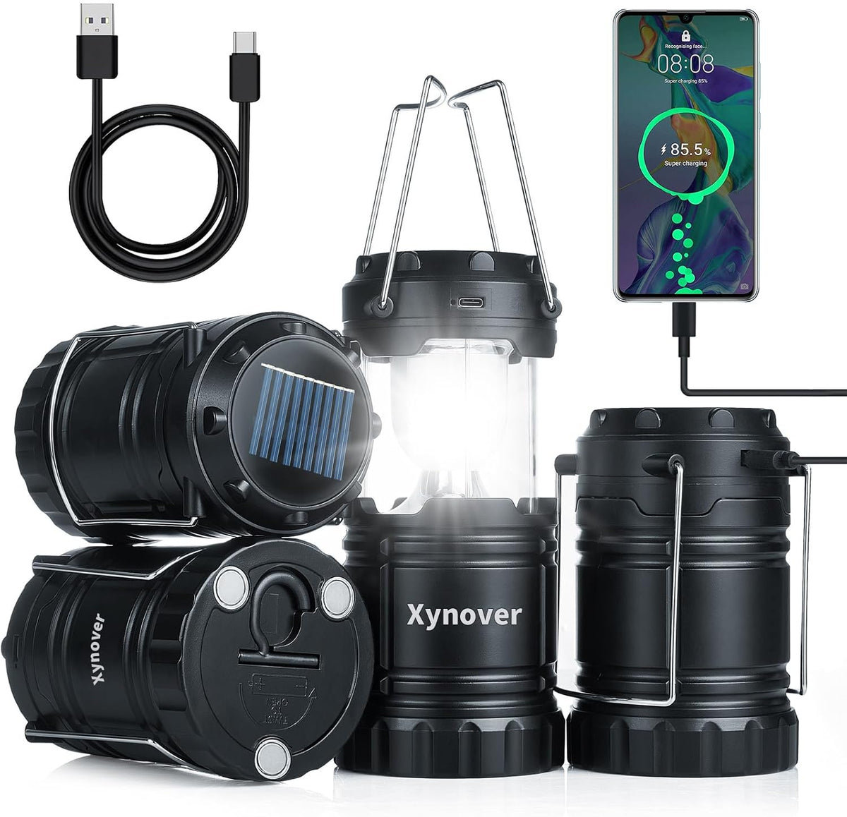 Skiennix Solar Camping Lanterns - 4-Pack Rechargeable LED with USB/Solar, Waterproof & Collapsible for Emergencies