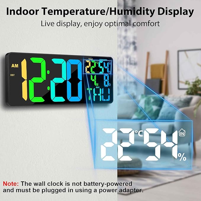 18" Digital Wall Clock Large Display, 11 RGB Color Changing Large Digital Wall