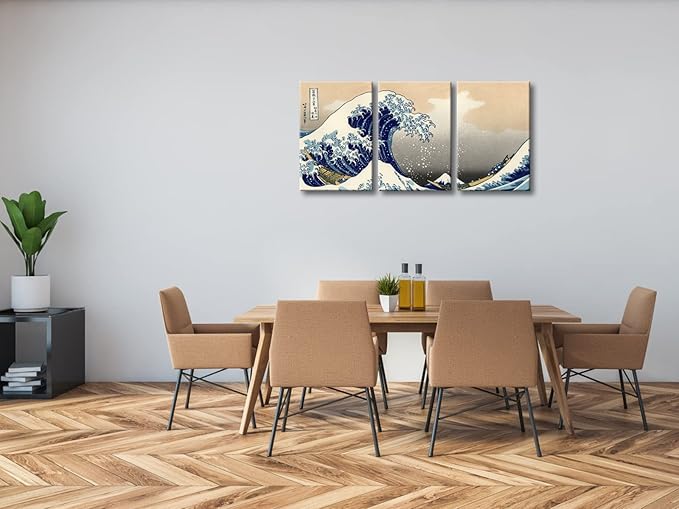 Wieco Art Great Wave of Kanagawa Katsushika Hokusai 3 Piece Modern Stretched