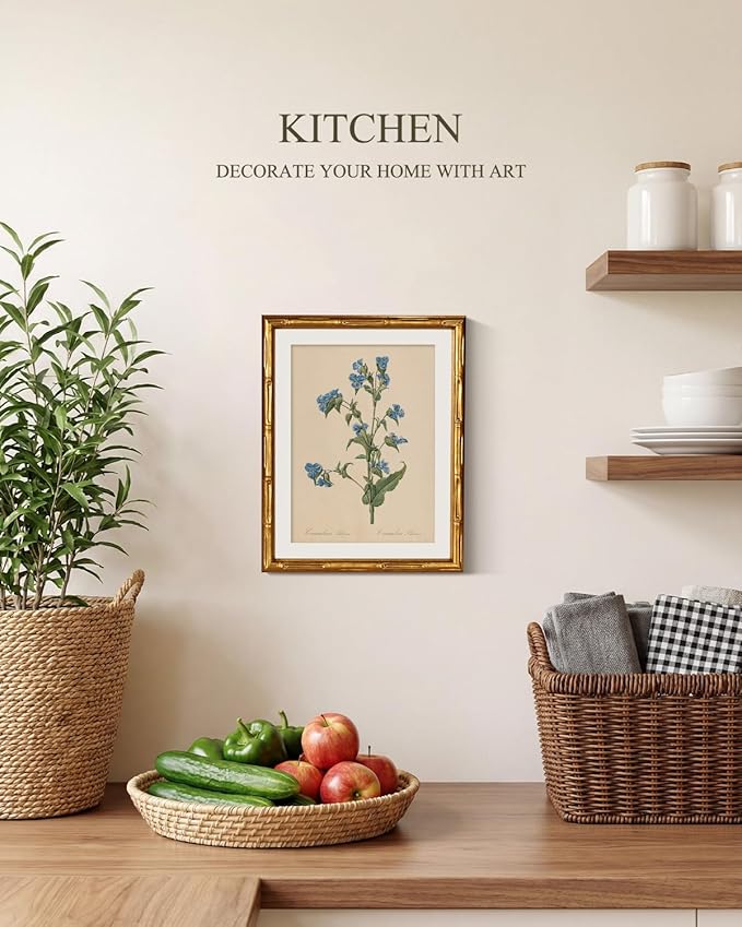 InSimSea Gold Bamboo Framed Canvas Wall Art, Retro Blue Myosotis Botanical