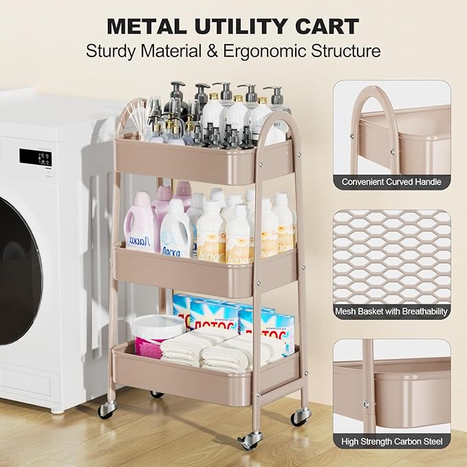 EAGMAK 3 Tier Rolling Cart, Large Metal Storage Cart with Handle and Lockable Wheels, Big Multifunctional Storage Organizer Trolley with Mesh Baskets for Kitchen, Living Room, Office, Garage (Beige)
