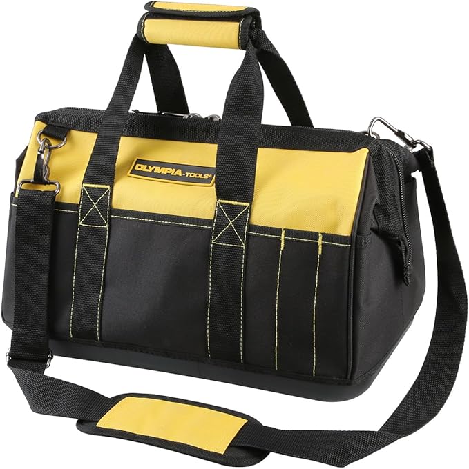 Olympia Tools 16 Inch Wide Mouth Tool Bag, Tool Tote with Water Proof Molded Base, Tool Bags for men with 21 Pockets and 7 Belt Loops, Padded Handle, Adjustable Shoulder Strap