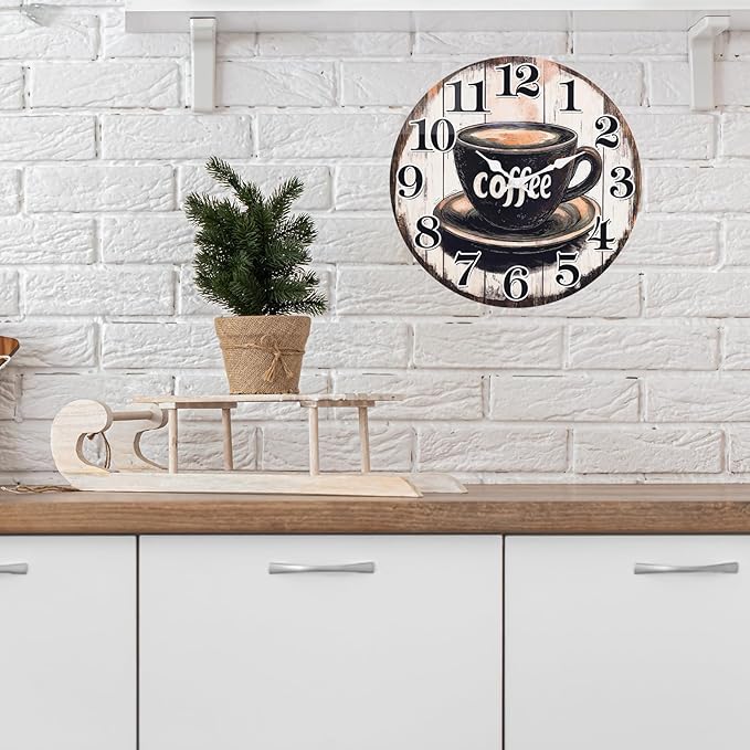 Large Kitchen Clock Decor, Decorative Coffee Wall Clocks Battery Operated
