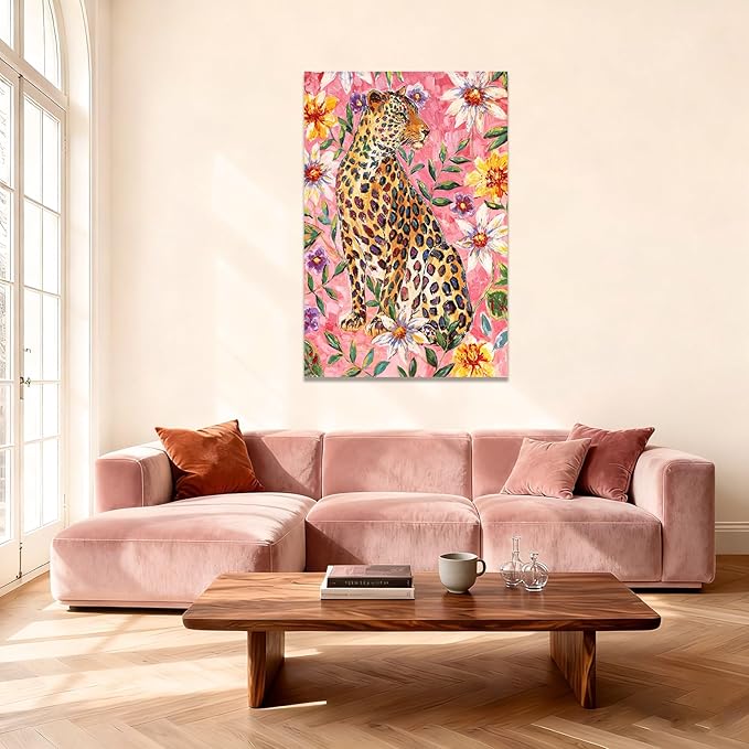 YETHEN WAL Pink Jungle Leopard Wall Art Floral Animal Canvas Prints Tropical Artwork for Bedroom Living Room Office Decor 32x48 Inch