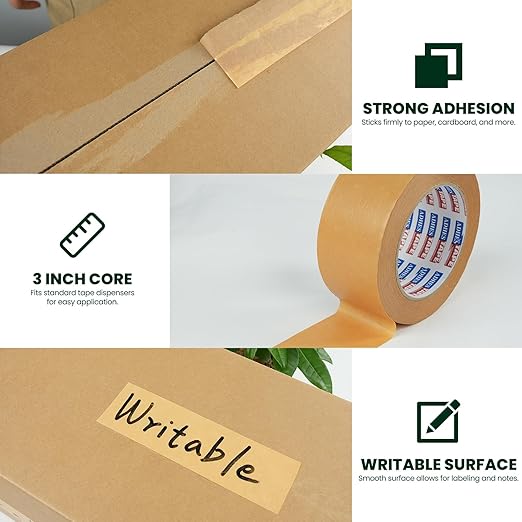 ADHES Kraft Paper Tape, 2 Inch x 44 Yards, 6 Rolls Writable & Uncoated Heavy Duty Paper Tape, Biodegradable Brown Packing Tape for Sealing, Packaging & Moving