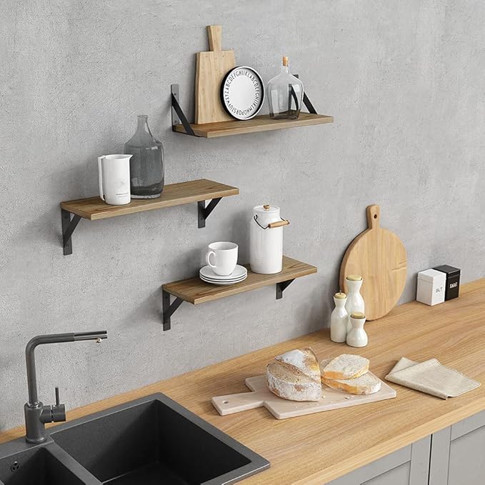 Floating Shelves with Black Metal Brackets Set of 3, Light Wood Wall Bookshelf