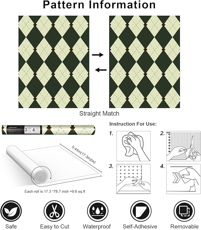 Simon&Siff Retro Peel and Stick Wallpaper Black and Green Wallpaper Vintage