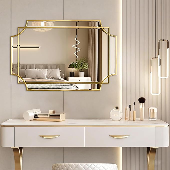 HQiJun 30x20 Inch Gold Bathroom Mirror, Wooden Frame