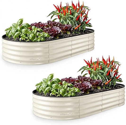 Plant & Plot Galvanized Raised Garden Beds Outdoor // 6Ã3Ã1 ft (2-Pack) Planter Raised Beds for Gardening, Vegetables, Flowers // Large Metal Garden Box // Patented Tool-Free Design (White)