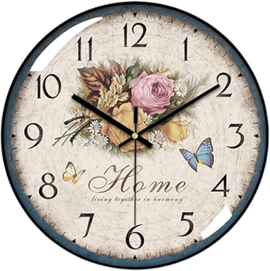 Decorative Wall Clock Battery Operated, 12-Inch Retro Vintage Floral Butterfly