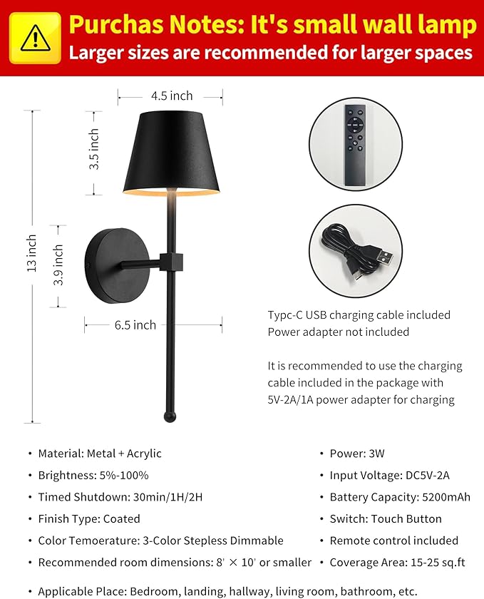 KDG Wireless Wall Sconces Set of 2, Small Cordless 5200mAh Rechargeable Battery