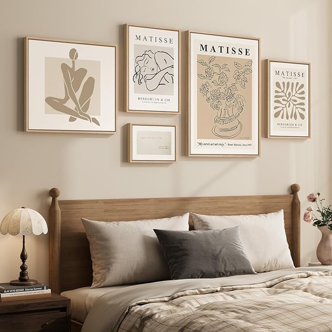 Large Framed Matisse Wall Art Set of 5, Neutral Beige Abstract Geometric
