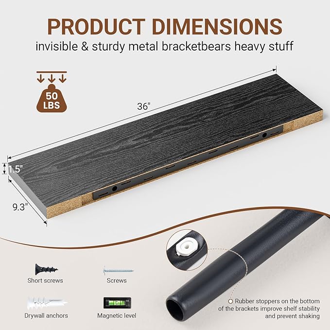 Heimlove Floating Shelves for Wall 36 Inches Long, 9.3" Deep Black Floating