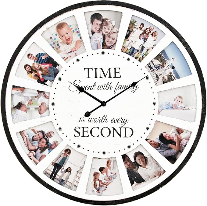 12 Photo Collage Family Wood Wall Clock, Rustic Farmhouse Wall Clock, Large