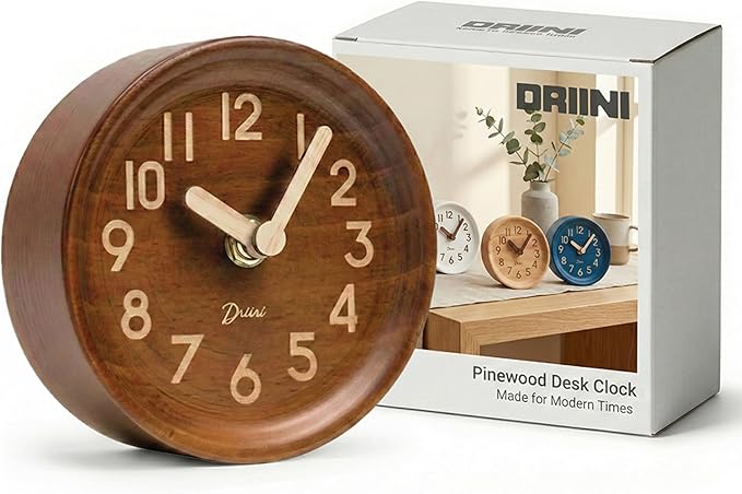Driini Wooden Analog Desktop Clock – 4.3 in. Decorative Pinewood, No-Tick Design – Easy to Read Silent Sweep Mantle Clock – Quiet Tabletop Clocks with Wood Body, Hands, & Battery Cover; Dark