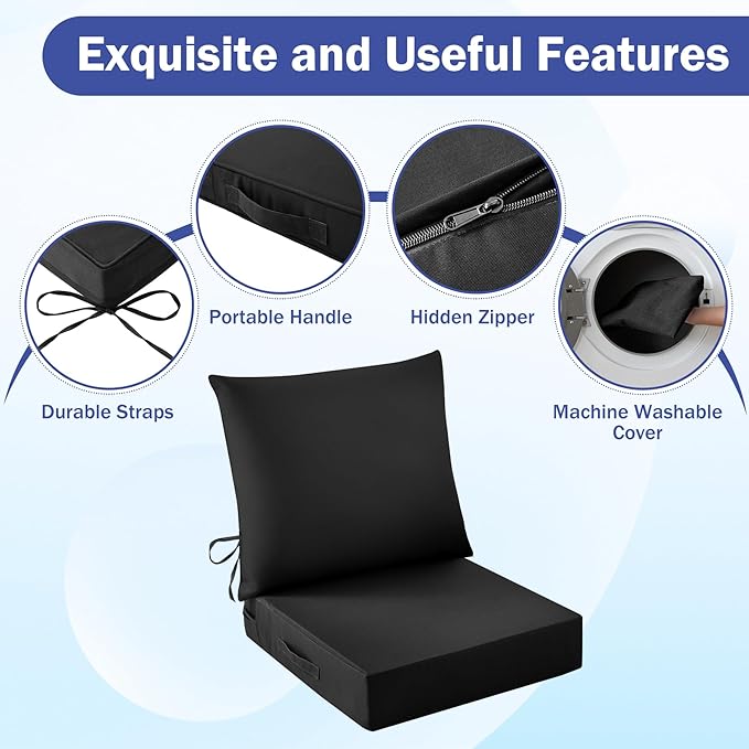 IASEAHK Outdoor Seat Cushion Set, Waterproof & Fade Resistant Patio Chair Cushions, Outdoors Cushion for Patio Furniture, 24 x 24 x 5.75 Inch, Outdoor Couch Cushions with Handle and Ties, Black