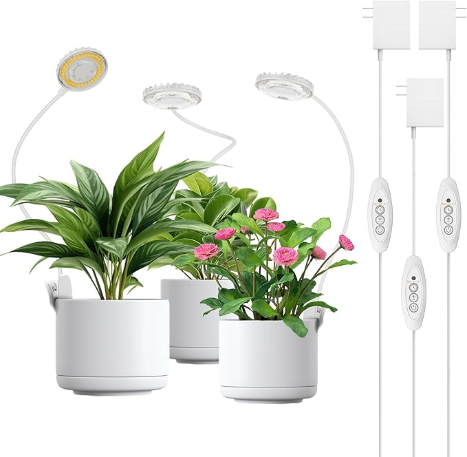Plant Lights for Indoor Growing, Pot Clip on Grow Lights Full Spectrum, 12W Plant Growing Lamp with 4 Dimmable Levels, 360Â° Adjustable Grow Plant Lampï¼ Auto On/Off Timing 4/8/12H, White 3 Pack