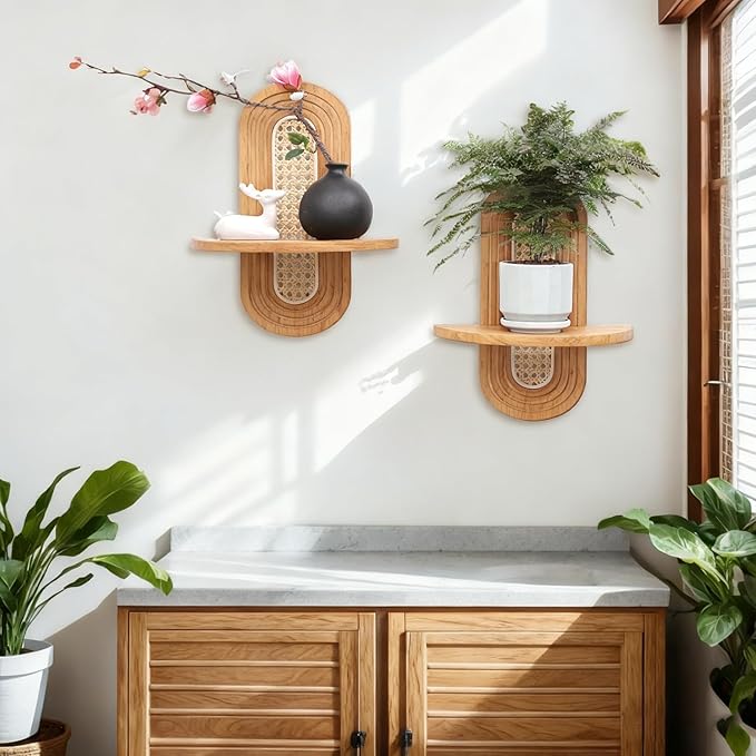 Floating Shelves for Wall, Boho Home Wall Decor, Rattan Plant Shelf Set of 2