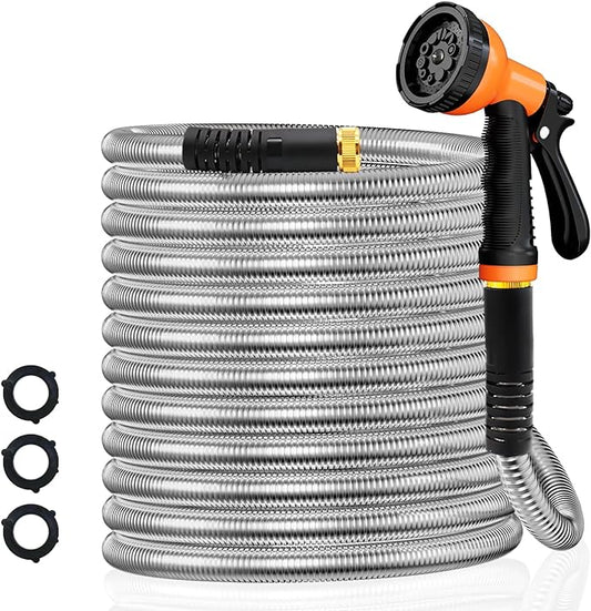 Besiter Garden Hose 25FT Stainless Steel Water Hose with 10 Functions Adjustable Spray Nozzle, Heavy-Duty Metal Garden Hose Flexible Durable No-Tangle & Kink Leak Dog Proof Hose for Yard Lawn(Orange)