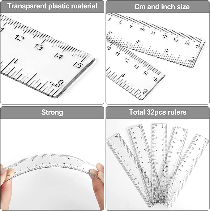 32 Pack 6 Inch Mini Rulers Bulk Plastic Small Rulers with Inches and Centimeters, Drafting Measuring Tool Set for Classroom Kids Student School Office Supplies(6 Inch,Clear)