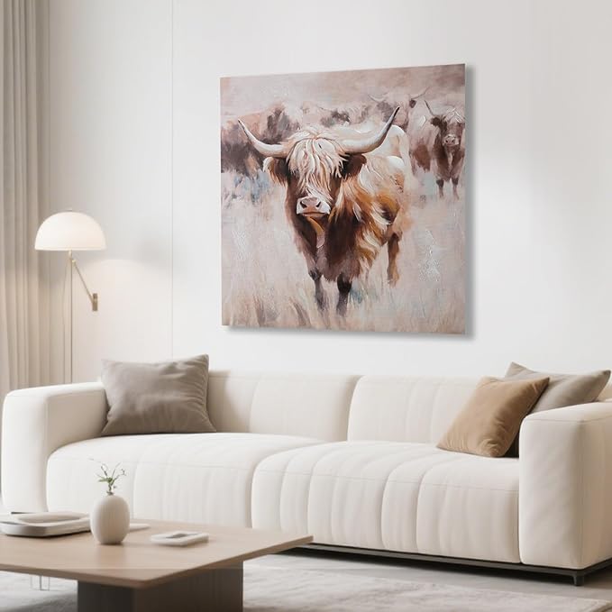 JolyWell Textured Highland Cow Canvas Wall Art Hand painted Farm Animals