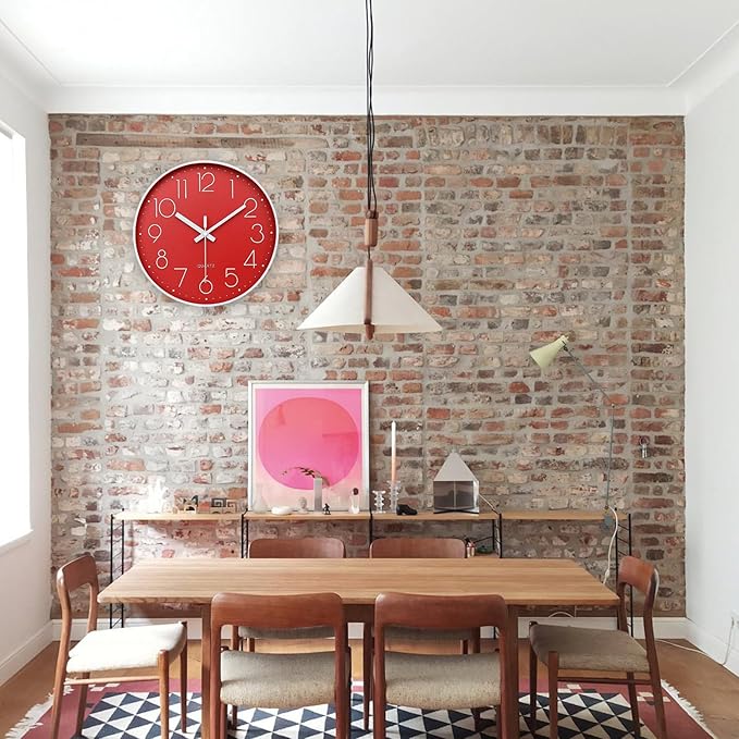 Red Wall Clock 12 Inch Silent Non-Ticking Modern Quartz Wall Clocks Battery