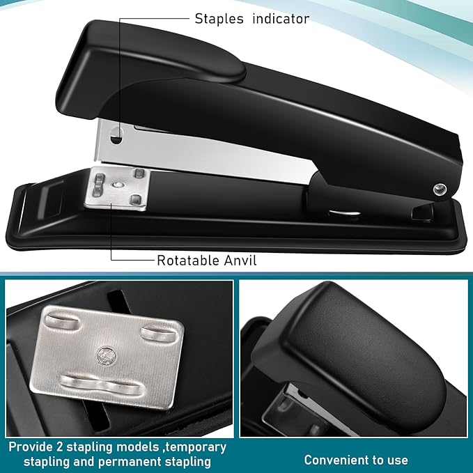 Thenshop 30 Pcs Desk Staplers Tape Dispensers Sets Black Staplers for Desktop Office with Standard Staples Black Holder with White Tape for Office School