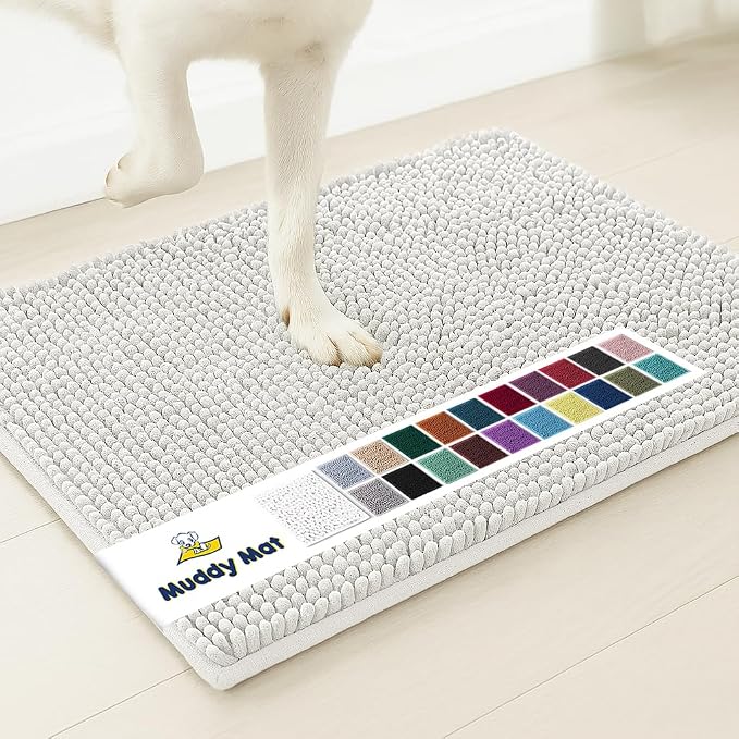 Muddy MatÂ® | Super Water Absorbent Door Mat Indoor, Microfiber Quick Dry Chenille Entryway Rug, Slip Resistant Front Door Mat, Indoor Mats for Entryway, Machine Washable Pet Rug, White 28"x18"