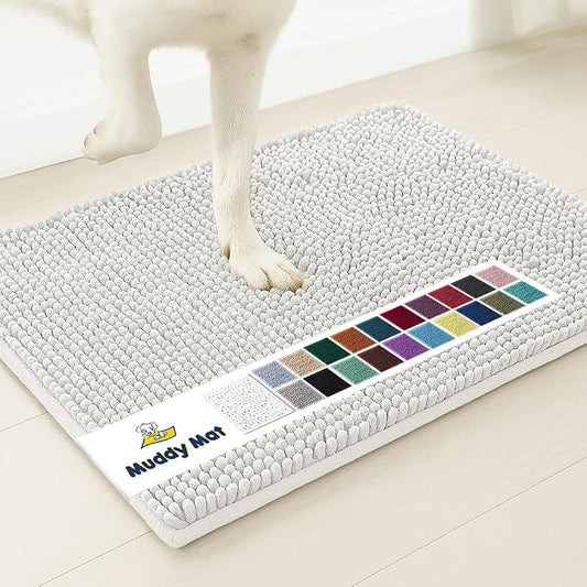 Muddy MatÂ® | Super Water Absorbent Door Mat Indoor, Microfiber Quick Dry Chenille Entryway Rug, Slip Resistant Front Door Mat, Indoor Mats for Entryway, Machine Washable Pet Rug, White 28"x18"