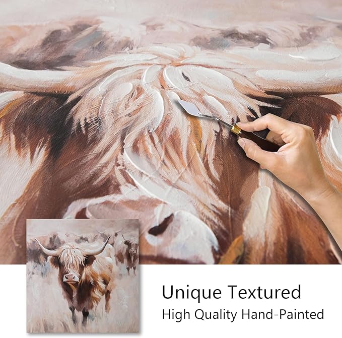 JolyWell Textured Highland Cow Canvas Wall Art Hand painted Farm Animals