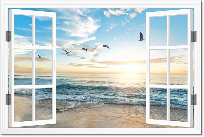 Goldfoilart Ocean Beach Sunset Window Canvas Wall Art