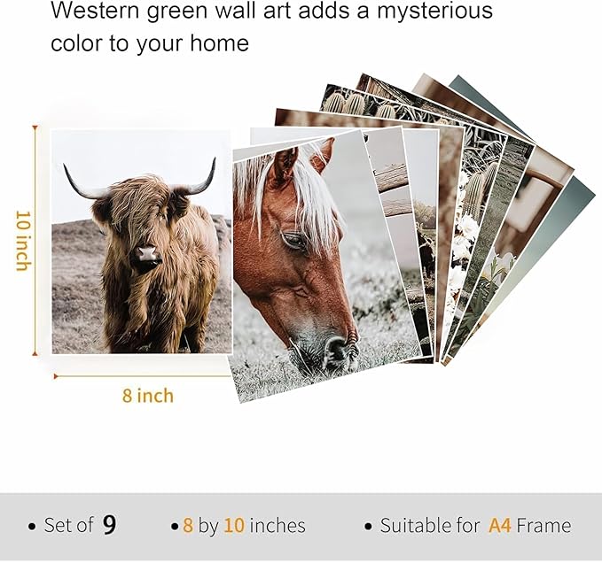 tgguytiy 9 Pcs Western Vintage Farmhouse Poster Canvas Wall Art Highland cattle