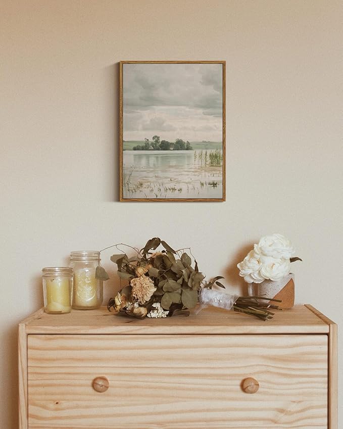 InSimSea Framed Canvas Prints Art Vintage Decor, Countryside Wall Art Decorations for Living Room, Retro Lakeside Paintings Prints, Home Wall Decor for Bathroom Bedroom, 12"x16"