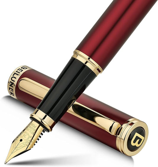 BEILUNER Red Fountain Pen,Stunning Luxury Pens with 24K Gold Finish, Gorgeous 24K Gilded Nib(Medium), Fancy Pen Gift for Men&Women -Ink Converter-Elegant,Professional,Office,Nice Pen for Writing