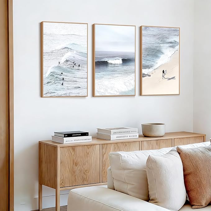 CHDITB Coastal Surfing Framed Canvas Wall Art Set, Ocean Wave Wall Decor, Beach Surfer Artwork, Summer Beachy Painting for Bedroom Dining Room Bathroom Office Decoration 16"x24"X3