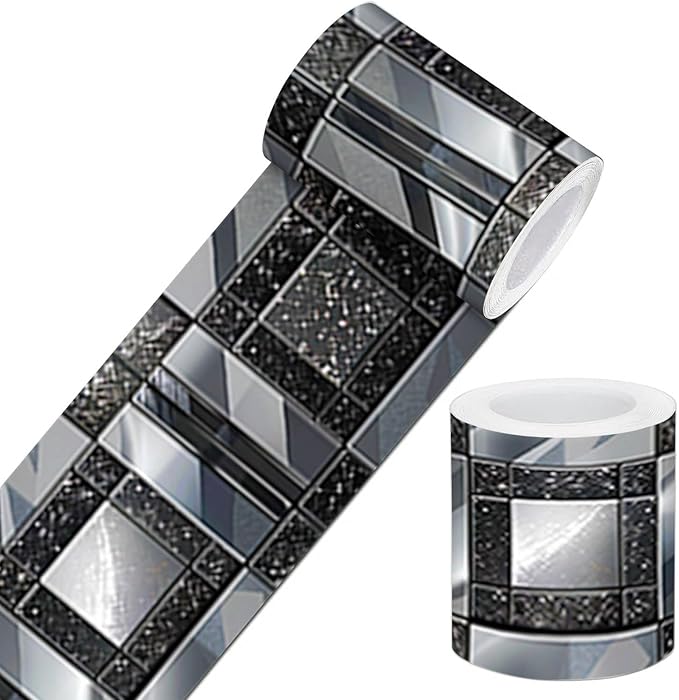 IVN Wallpaper Border Peel and Stick Wall Black and Silver Mosaic Decorative