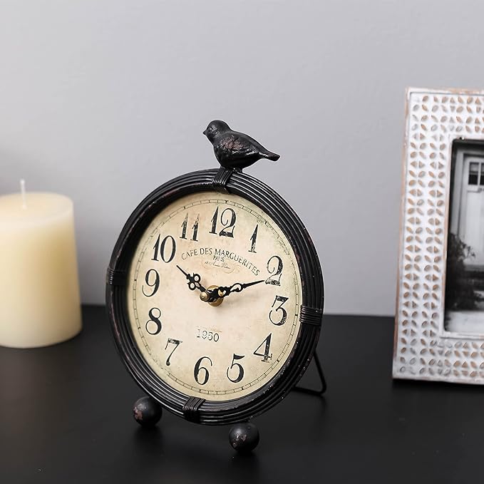 NIKKY HOME Vintage Table Clock with Bird, Metal Desk Clocks Battery Operated Black Retro Table Clock on Stand Decorative Desk Clock for Bedroom Living Room Shelf