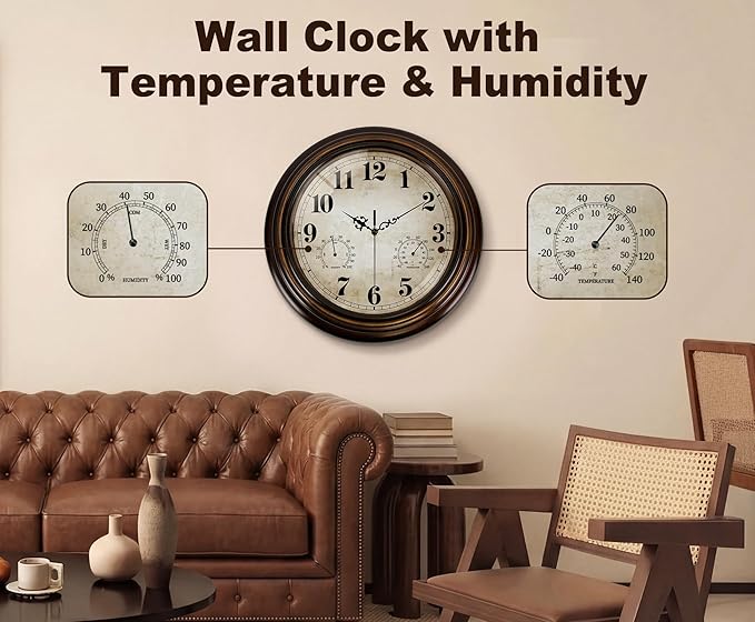 Vintage Wall Clock 13 Inch Quartz Silent Non-Ticking Analog Clock