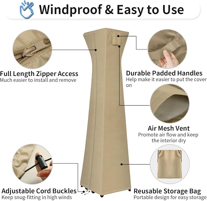 OutdoorLines Waterproof Outdoor Patio Heater Covers with Zipper and Storage Bag, Dust-Proof UV-Resistant Windproof Propane Heavy Duty Heater Cover for Standing Heater, 1 Pack-90Hx23Lx23W inch Camel