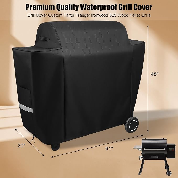 QuliMetal Grill Cover for Traeger Ironwood 885 Wood Pellet Grill, BAC513, Heavy Duty Premium Waterproof Fade Resistant Outdoor BBQ Grill Cover with Elastic Drawstrings, Full Length, Black