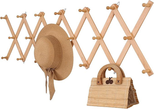 SCUNDA Wall Rack with 20 Hooks, Wooden Wall Expandable Coat Rack