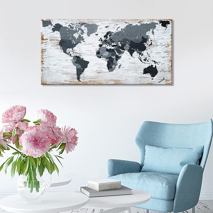 World Map Canvas Wall Art Decor Black Wall Decor Office World Map Wall Art