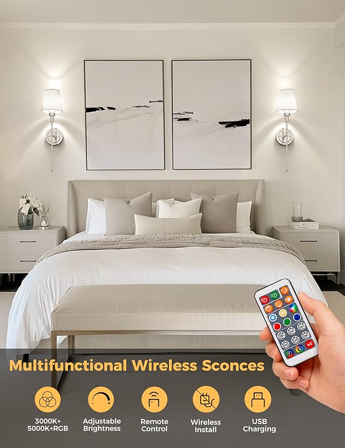 DORESshop Battery Operated Wall Sconce Set of 2, Wireless Wall Light Easy to