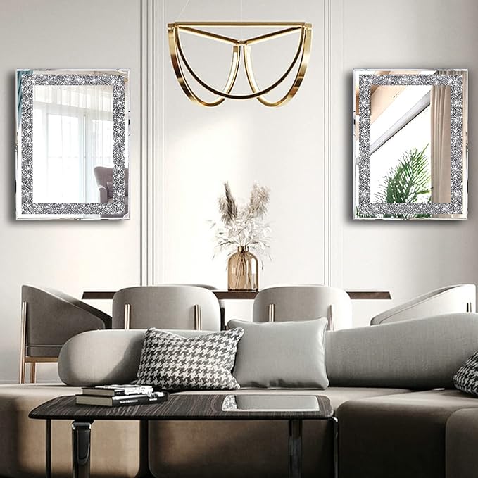 2 Piece Wall Mirrors, Crush Diamond Wall Décor Silver Decorative Mirrors