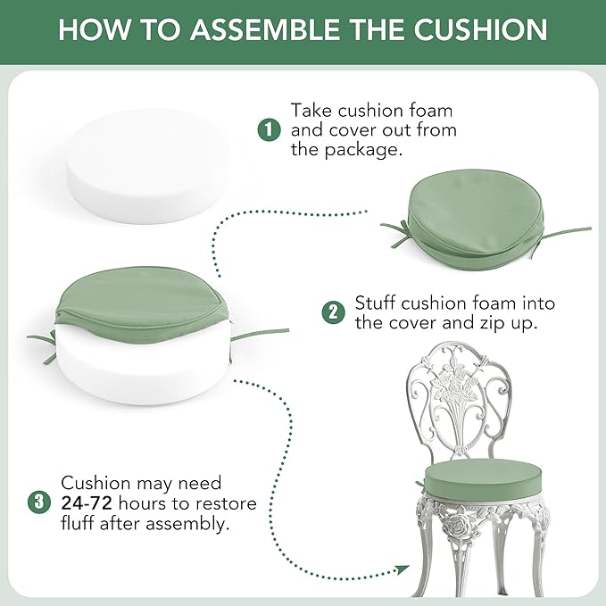 Summsun Outdoor Bistro Chair Cushions Set of 2, 15" D x 3" H Round Chair Cushions Waterproof and Fade Resistant Chair Cushion Pads with Non-Slip Ties and Removable Covers for Garden, Sage Green