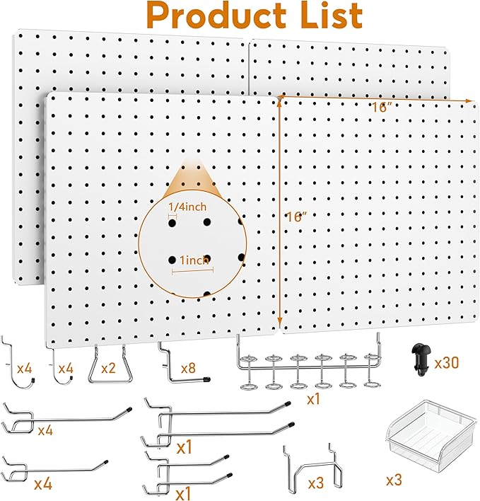 Peg Board, Total 32” x 32”, 4 Pack White Peg Board Panels, 50lbs Load Capacity