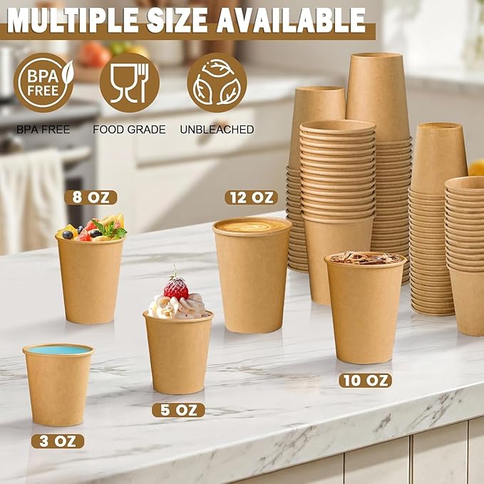 Lamosi 100 Count 3 oz Kraft Paper Cups, Disposable Paper Coffee Cups, 3 Ounce Drinking Cups, Water Cups for Party Picnic Cafe & Bar Use