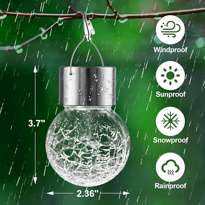 PARTPHONER 32 Pack Hanging Solar Lights Outdoor, Waterproof Solar Globe Lantern with Handle and Clip, Decorative Cracked Glass Ball Lights for Christmas Decor, Tree, Yard, Garden, Patio (Cold White)