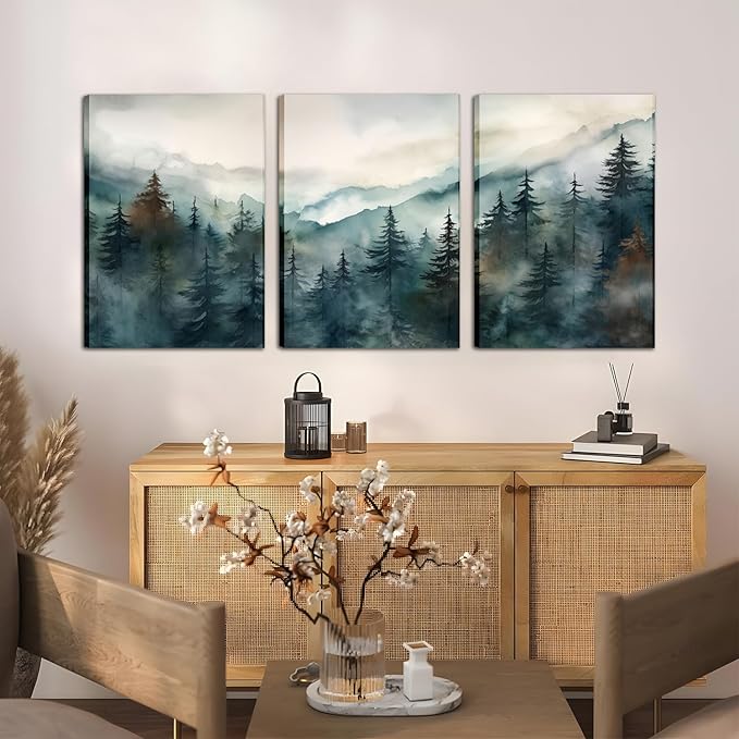 AKWISH Framed Green Forest Canvas Wall Art Set of 3, Boho Misty Watercolor Pine