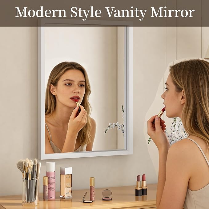 Syndra White Wood Frame Bathroom Mirror, Waterproof Slim Deep Frame,